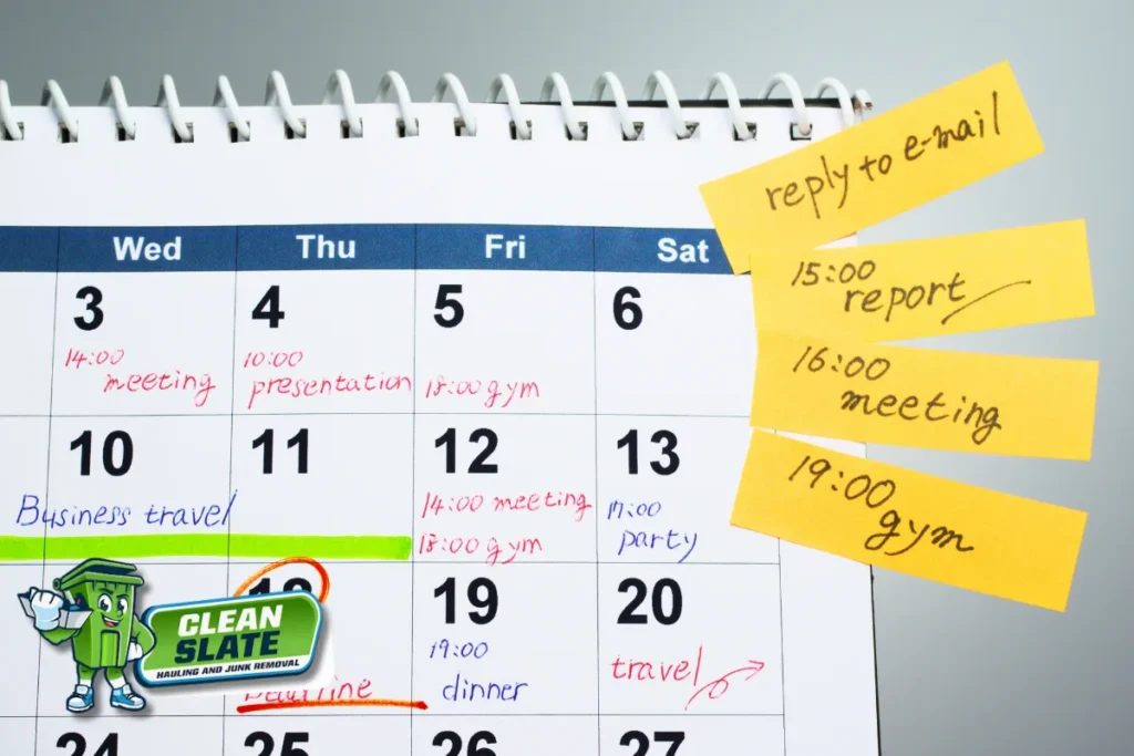 Calendar with scheduling notes for planning an apartment cleanout