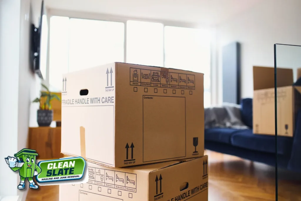 Moving boxes stacked in an empty apartment during a move-out in Vancouver, WA