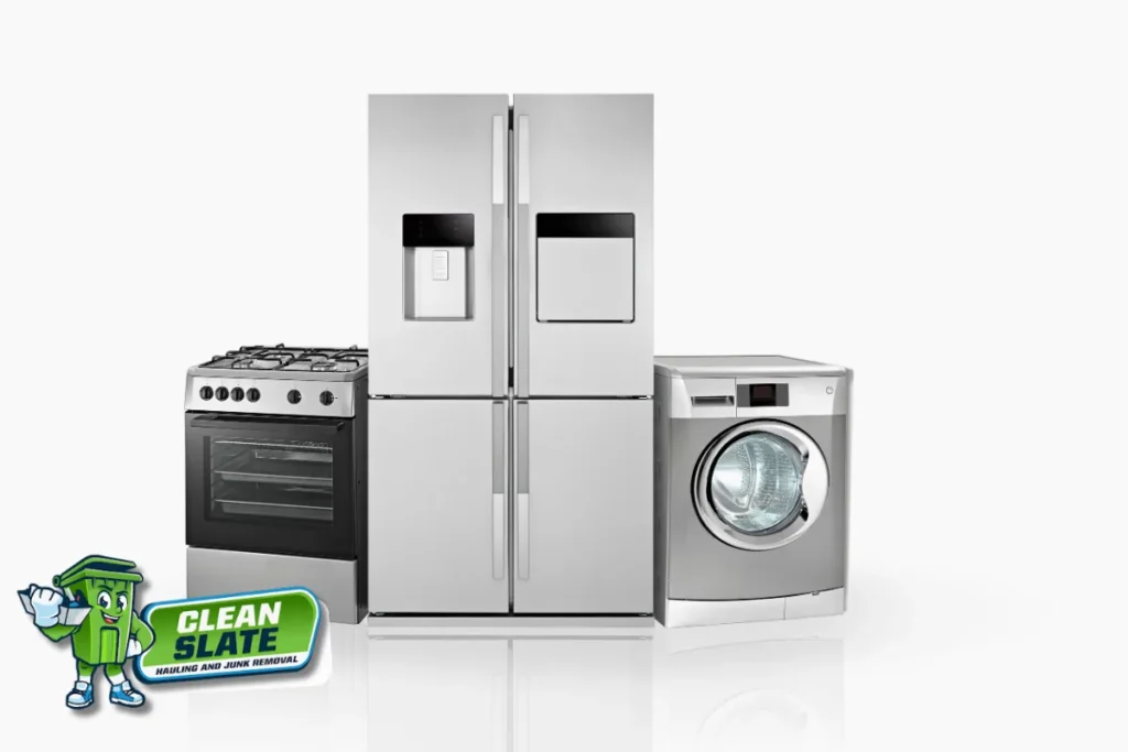 Old refrigerator, stove and washer ready for appliance removal