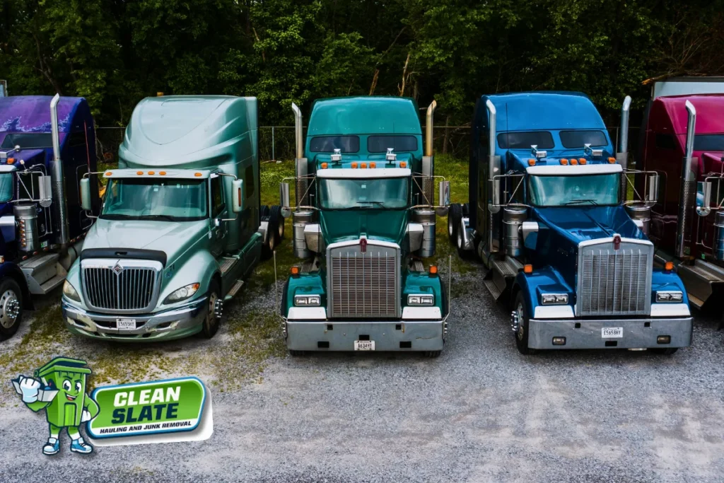 Row of hauling trucks for choosing a junk removal company in Olympia