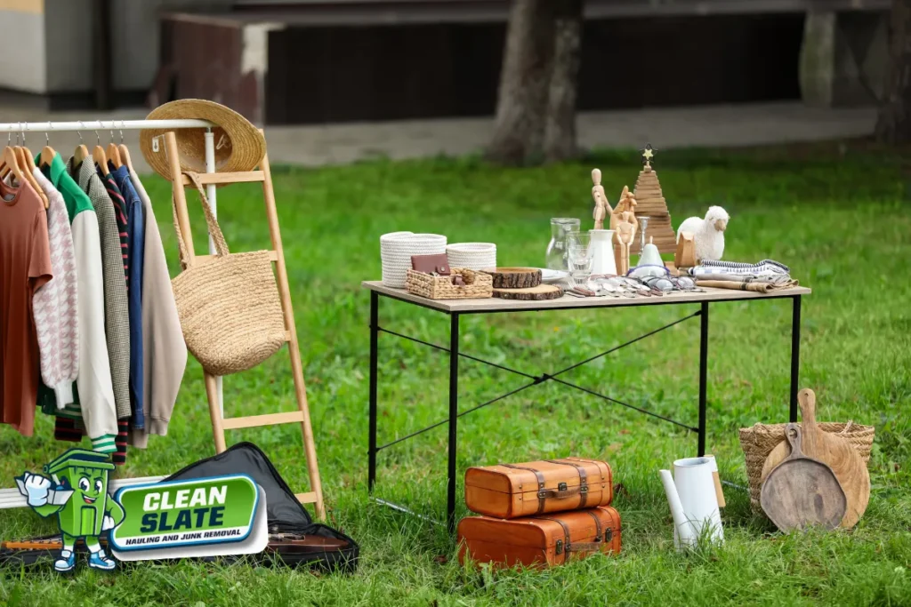 Clothing, books and household items laid out on a lawn for family to review