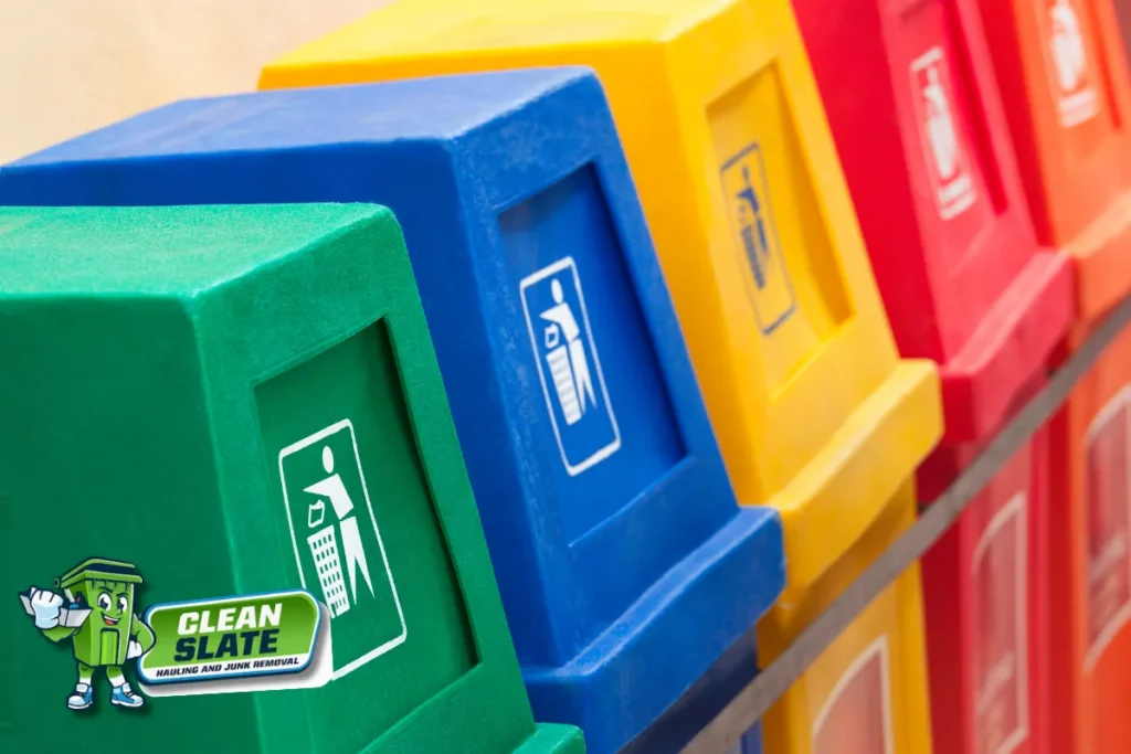 Color-coded recycling bins for sorting estate items into clear categories