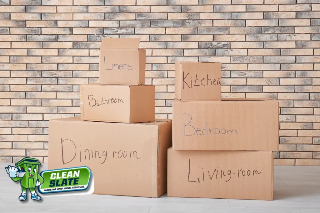 Labeled boxes stacked by room for estate cleanout staging zones
