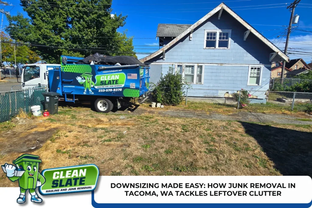 Clean Slate junk removal truck outside a Tacoma, WA home during downsizing