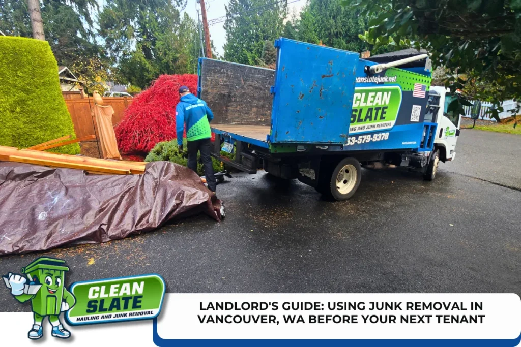 Clean Slate crew loading junk into a truck outside a Vancouver, WA rental property