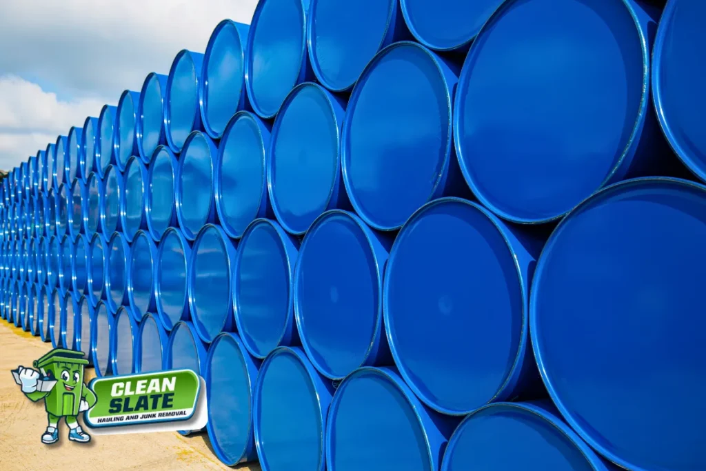 Rows of blue drums representing safe, legal disposal of left-behind items