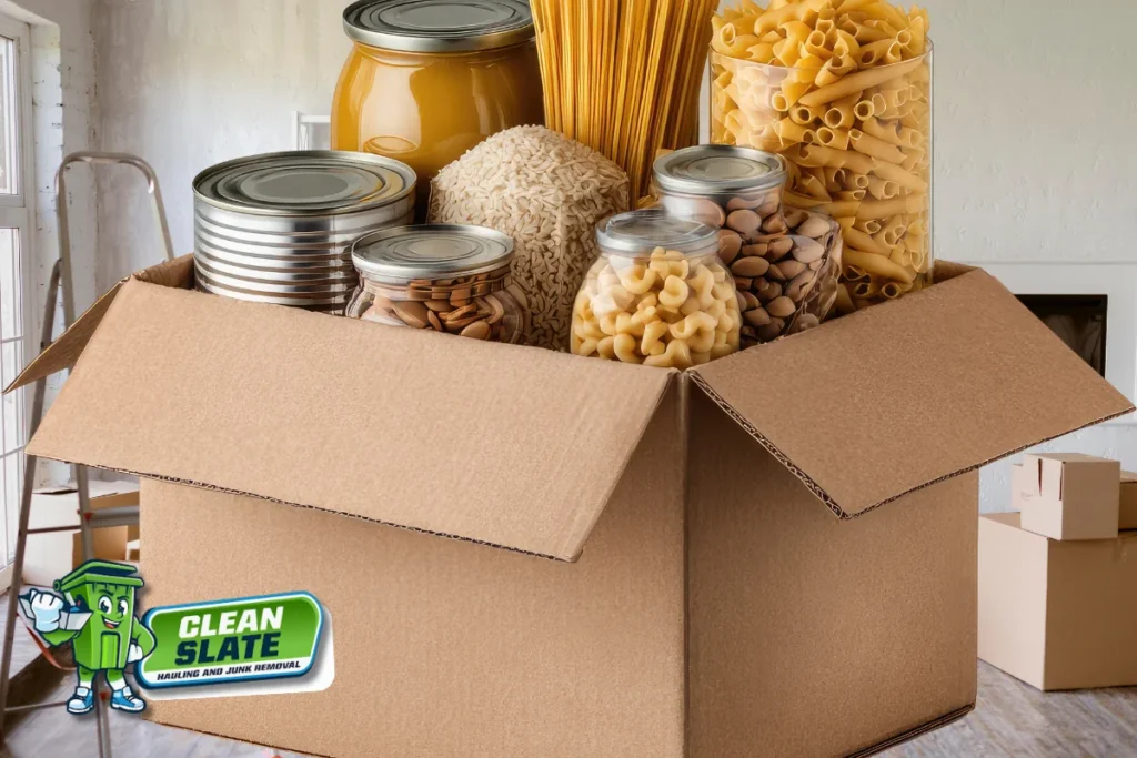 Pantry items packed in a box while sorting an estate