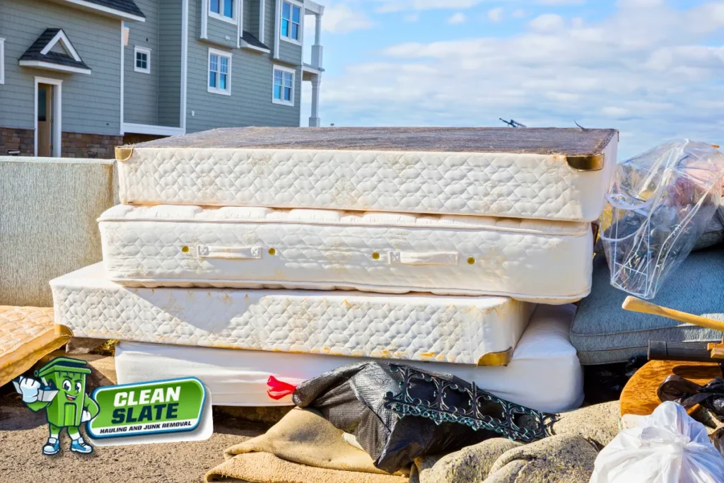 Stack of old mattresses waiting for removal and disposal in Olympia