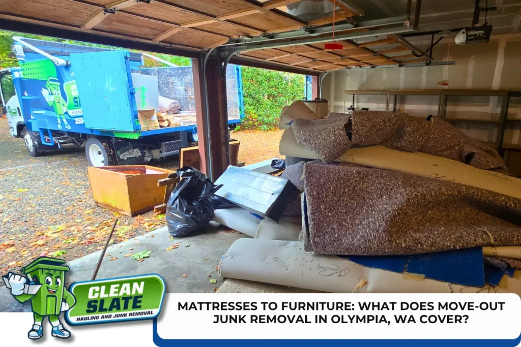 Clean Slate truck hauling mattresses and furniture from a garage during a move-out in Olympia, WA