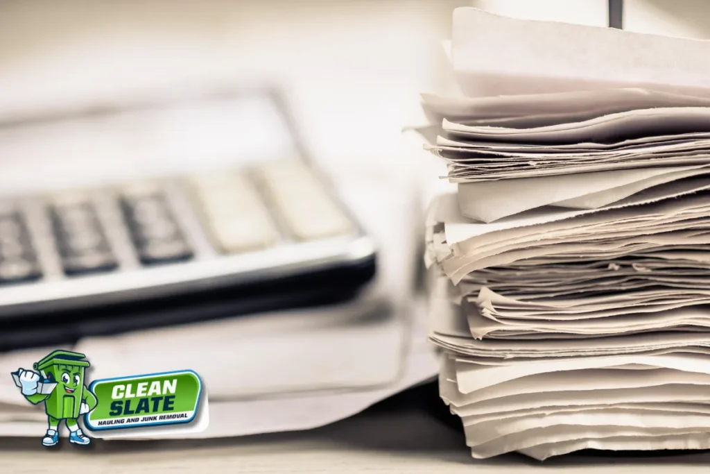 Calculator and paperwork for estimating move-out junk removal pricing