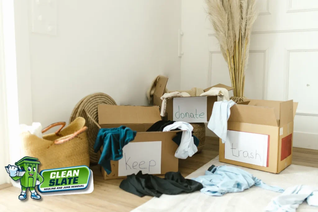 Open boxes and items sorted on the floor room by room