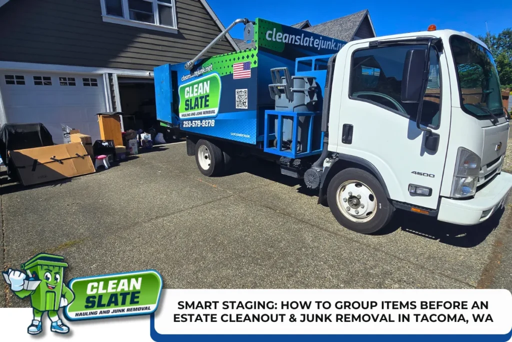 Clean Slate junk removal truck at a Tacoma, WA home for an estate cleanout