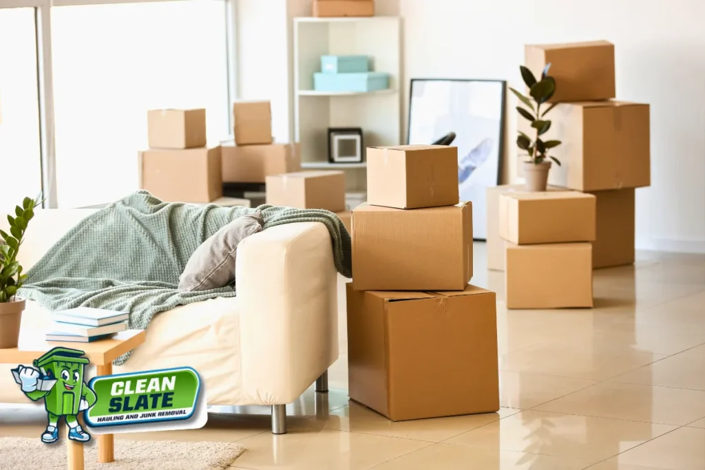 Moving boxes stacked in a living room as part of a downsizing plan