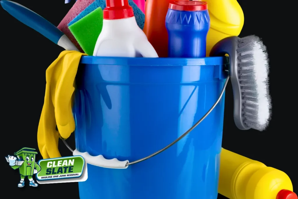 Bucket of cleaning supplies for a rental turnover