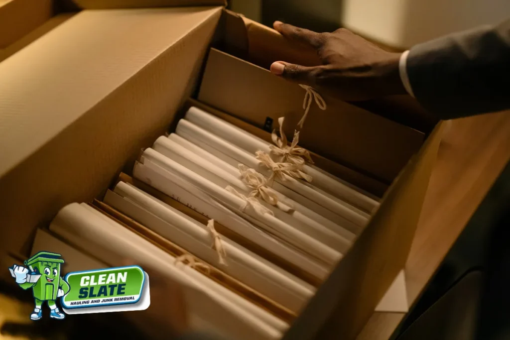 Box of important documents and papers secured before an estate cleanout