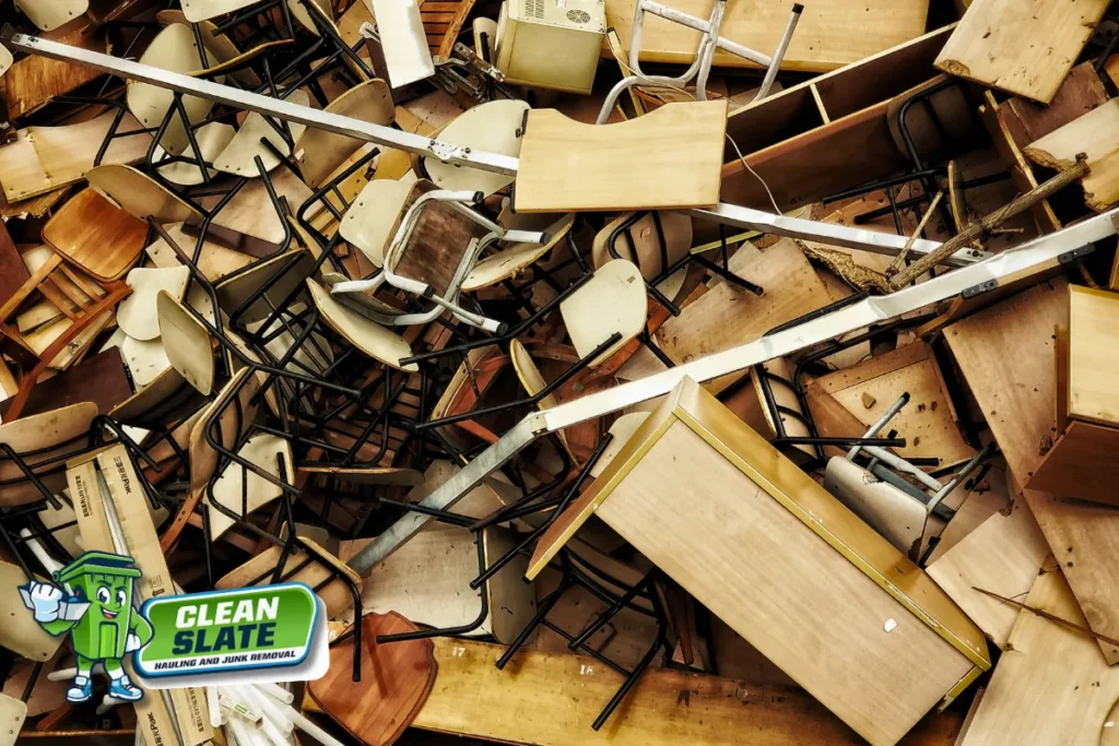 Pile of broken furniture left behind in a rental unit