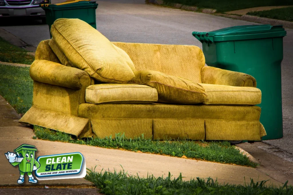 Unwanted yellow couch left at the curb for junk removal