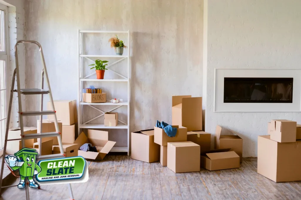 Moving boxes and shelving left in an empty room after a move-out