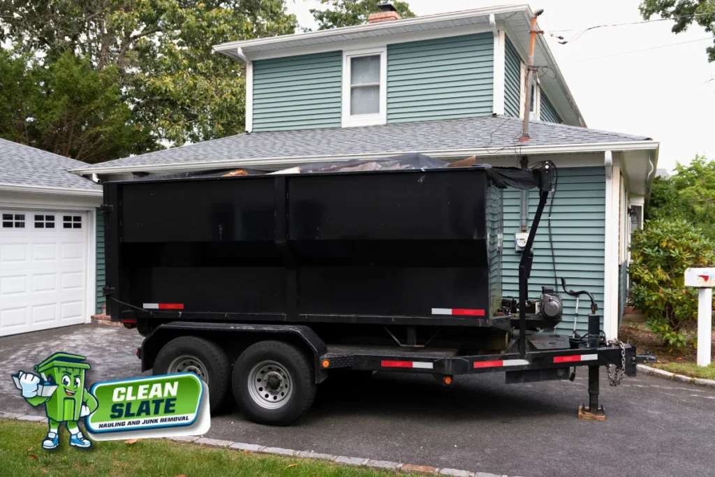 Dump trailer parked in the driveway of a rental home for a cleanout