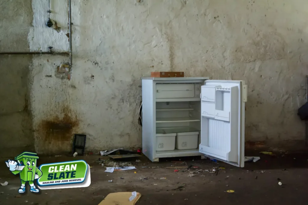 Old refrigerator abandoned by a tenant in an empty rental unit